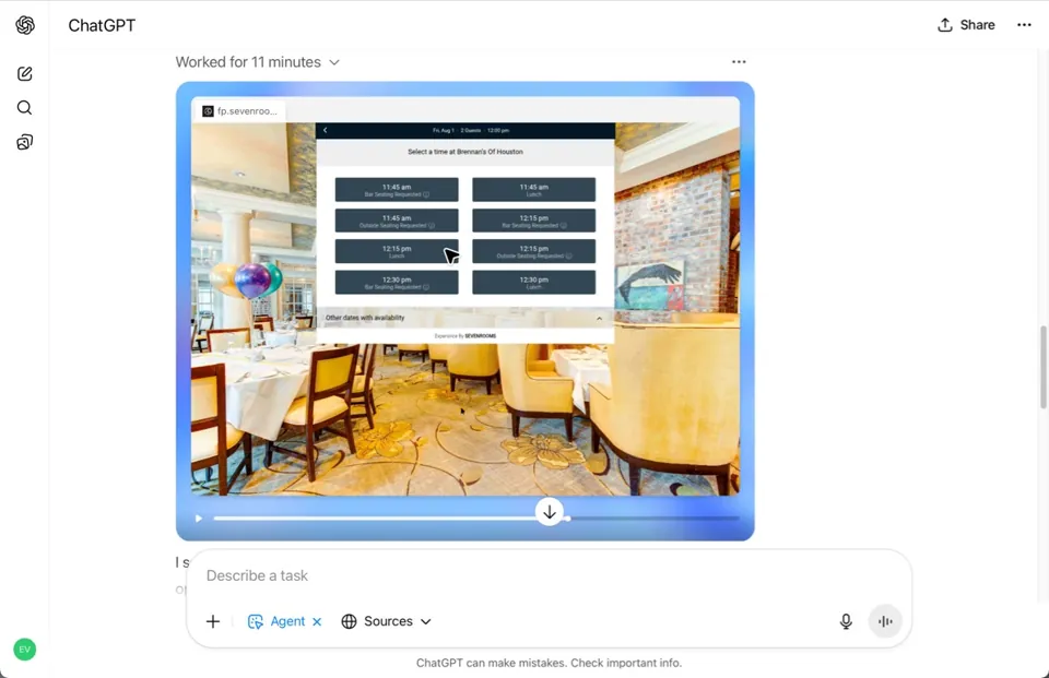 NN/g screenshot of ChatGPT agent choosing a reservation time on a booking site