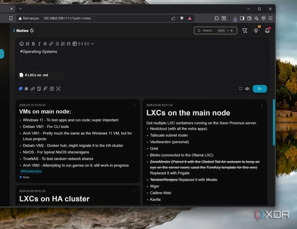 Blinko's Notes view in a browser on a home server, with Markdown notes and tags (XDA Developers screenshot, cropped)