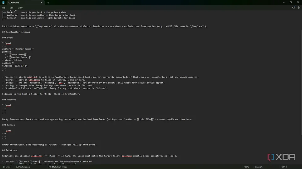 CLAUDE.md open in Notepad showing the reading-log folder layout and frontmatter schema (XDA Developers screenshot)