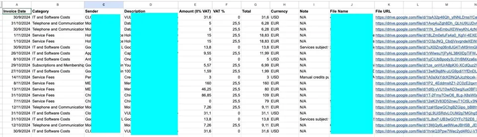Template author's screenshot of the resulting Google Sheet of invoice fields (author redacted some columns)