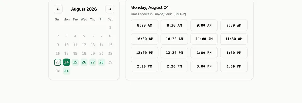 A Punctual booking page from the source: an August 2026 calendar and a grid of open 30-minute times