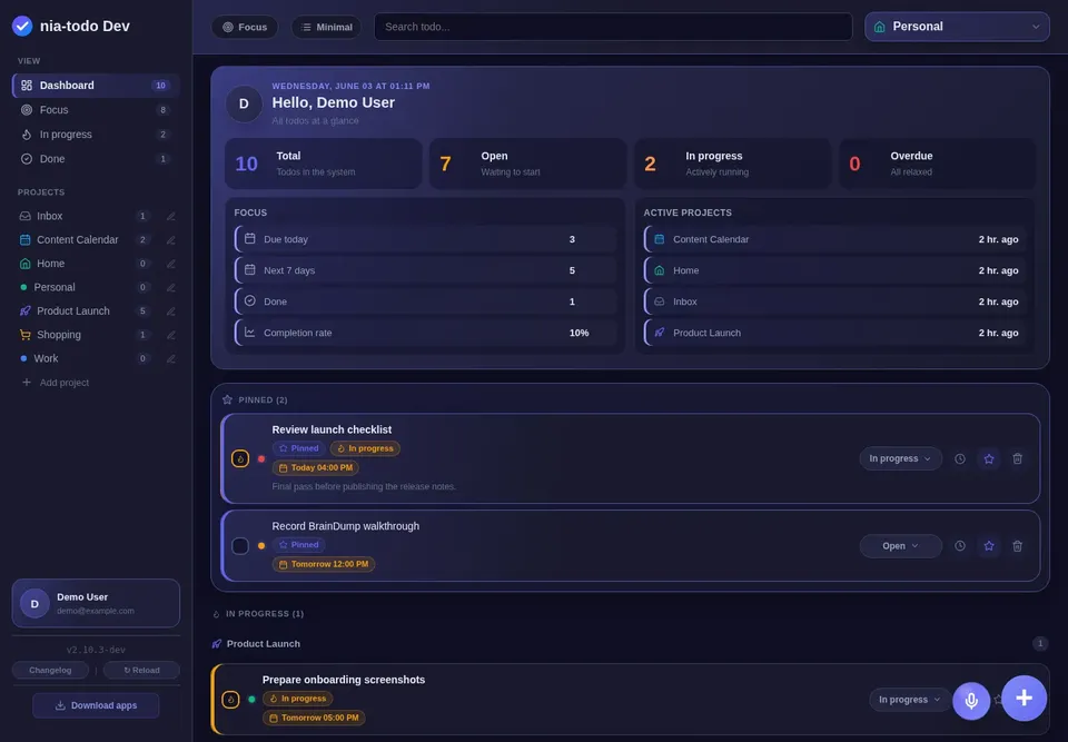 The nia-todo dashboard in dark mode with task counts, focus list and active projects (source screenshot, demo user)