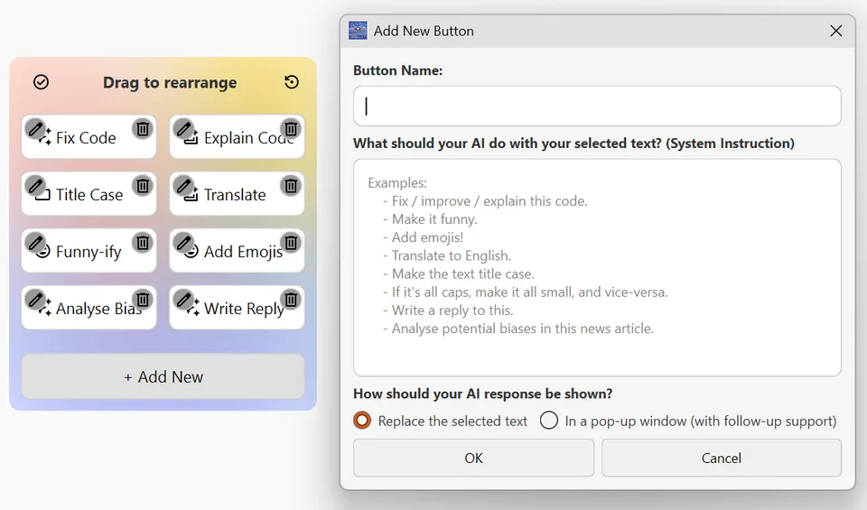 Writing Tools from the project README: the custom-button editor for your own AI instructions
